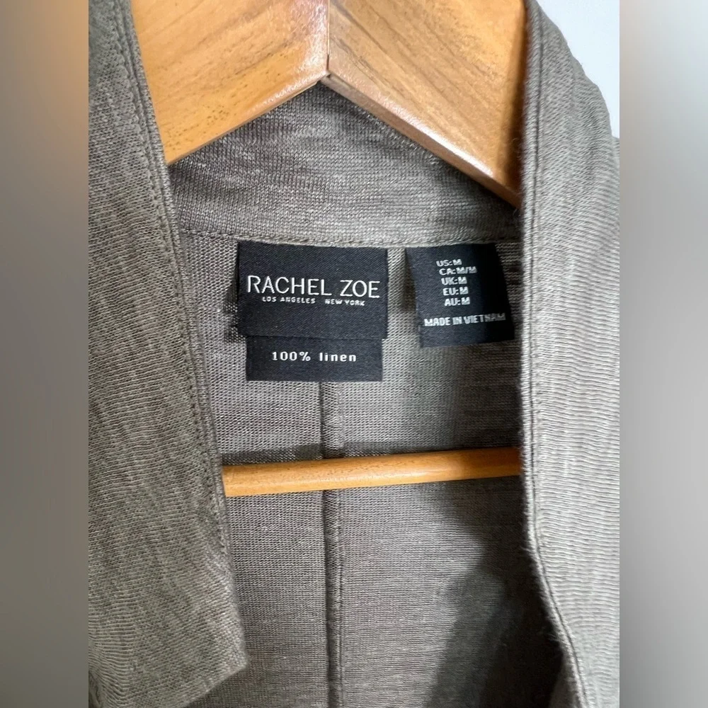 Rachel Zoe Cardigan 100% Linen Lagenlook Open Front Pocket Women's M Olive Green